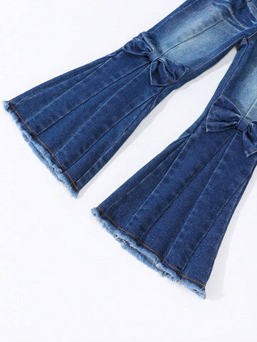 Young Girl' Dark Blue Washed Denim Flared Pants With Butterfly Decor