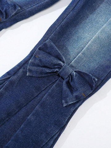 Young Girl' Dark Blue Washed Denim Flared Pants With Butterfly Decor