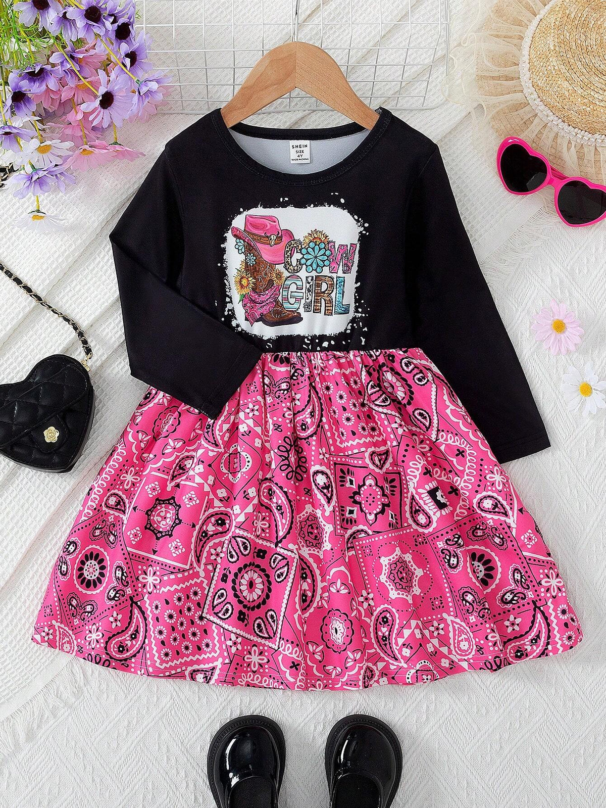 Young Girl Denim Patchwork Long Sleeve Dress With Retro Floral Print, Lightweight And Casual Style