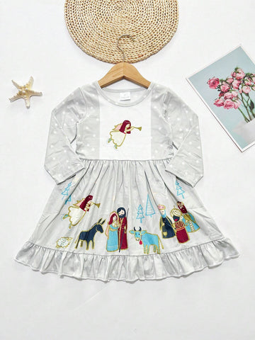 Young Girl Digital Print Nativity Scene Christmas Casual Long Sleeve Dress