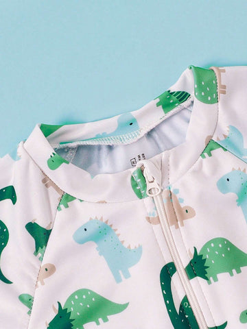 Young Girl Dinosaur Print One Piece Swimsuit With Swim Cap