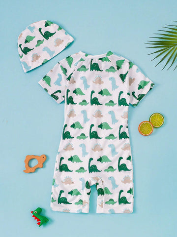 Young Girl Dinosaur Print One Piece Swimsuit With Swim Cap