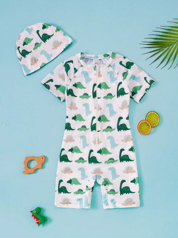 Young Girl Dinosaur Print One Piece Swimsuit With Swim Cap