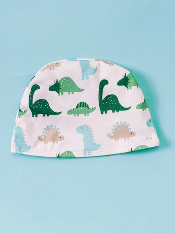 Young Girl Dinosaur Print One Piece Swimsuit With Swim Cap