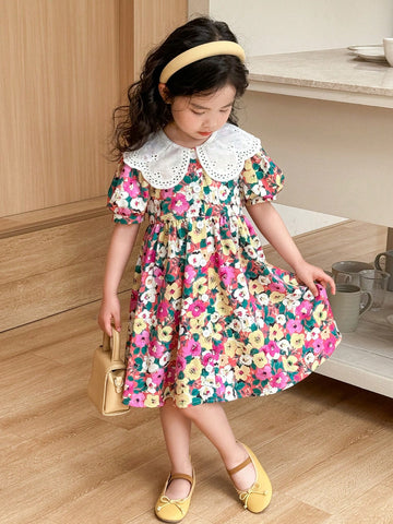 Young Girl Ditsy Ditsy Floral Peter Pan Collar Puff Sleeve Fitted Casual Dress