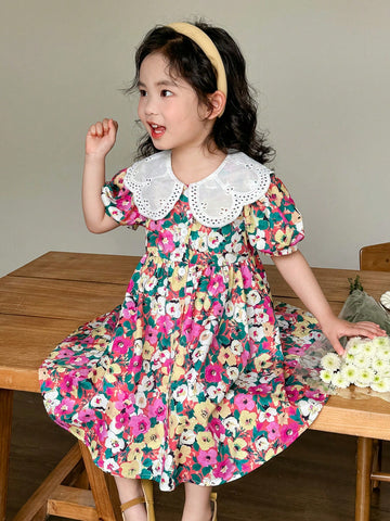 Young Girl Ditsy Ditsy Floral Peter Pan Collar Puff Sleeve Fitted Casual Dress