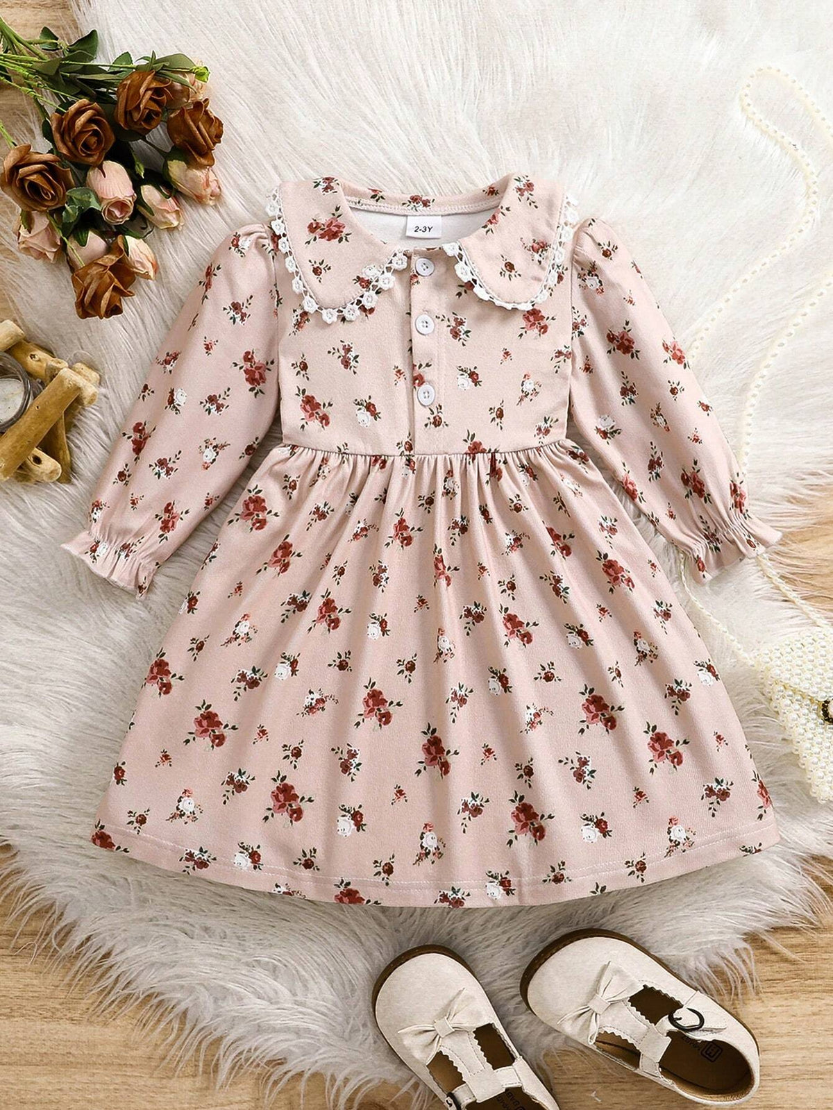 Young Girl Ditsy Floral Collared Casual Dress, Spring/Autumn