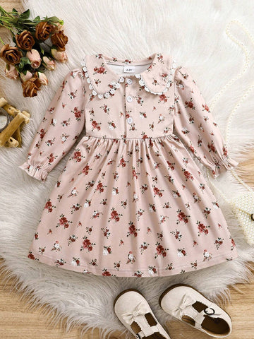 Young Girl Ditsy Floral Collared Casual Dress, Spring/Autumn