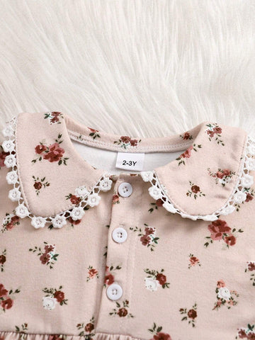 Young Girl Ditsy Floral Collared Casual Dress, Spring/Autumn