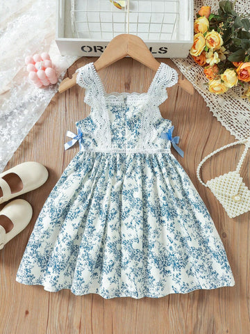 Young Girl Ditsy Floral Contrast Lace Bow Front Cami Dress For Summer Vacation
