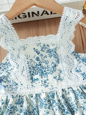 Young Girl Ditsy Floral Contrast Lace Bow Front Cami Dress For Summer Vacation