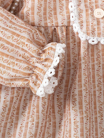 Young Girl Ditsy Floral Crew Neck Long Sleeve Ruffle Hem Cute Shirt, Spring/Summer