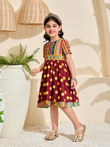 Young Girl Ditsy Floral Fitted Casual Round Neck Dress