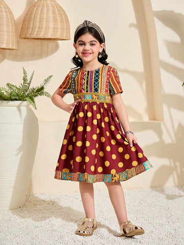 Young Girl Ditsy Floral Fitted Casual Round Neck Dress