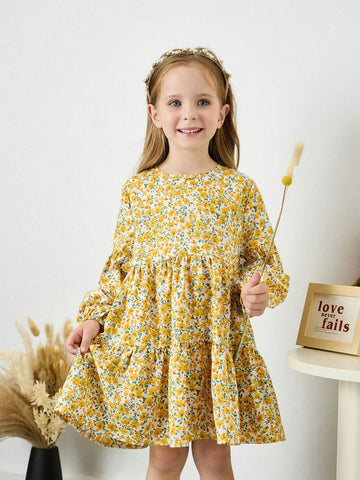 Young Girl Ditsy Floral Loose Round Neck Puff Sleeve Casual Dress