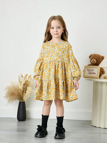 Young Girl Ditsy Floral Loose Round Neck Puff Sleeve Casual Dress