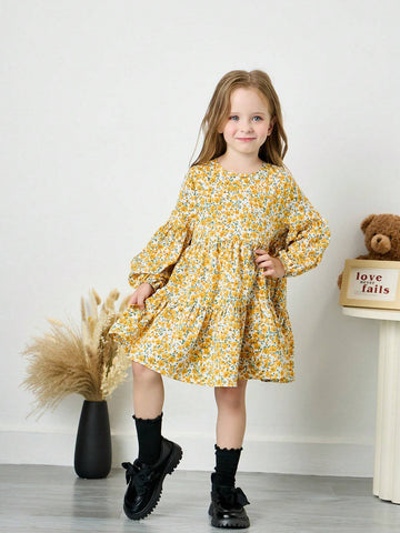 Young Girl Ditsy Floral Loose Round Neck Puff Sleeve Casual Dress