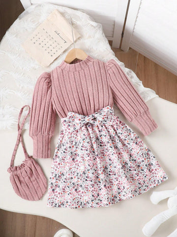 Young Girl Ditsy Floral Peplum Long Sleeve Cute Dress & Cute Crossbody Bag, Autumn/Winter