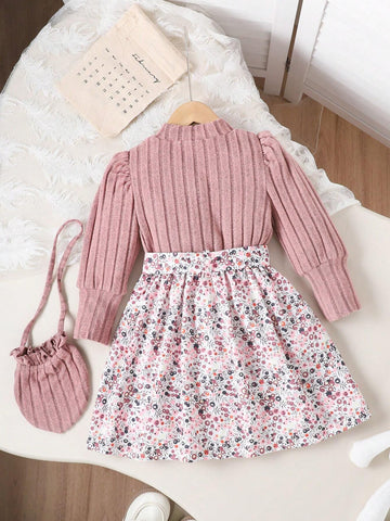 Young Girl Ditsy Floral Peplum Long Sleeve Cute Dress & Cute Crossbody Bag, Autumn/Winter