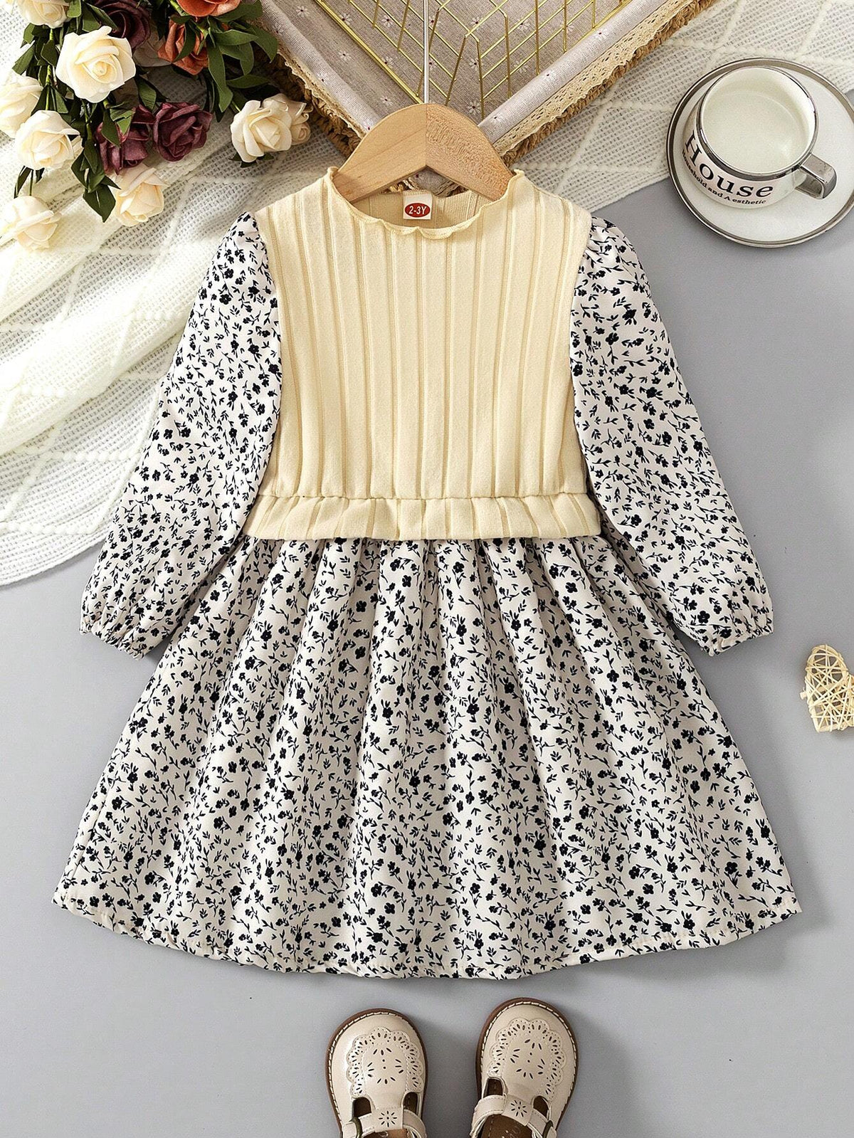 Young Girl Ditsy Floral Puff Sleeve 2 In 1 Dress, Casual Fashion For Spring And Autumn