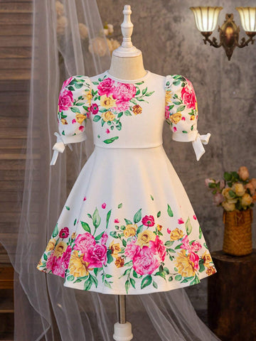 Young Girl Ditsy Floral Round Neck Fitted Casual Knitted Dress