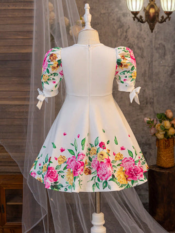 Young Girl Ditsy Floral Round Neck Fitted Casual Knitted Dress