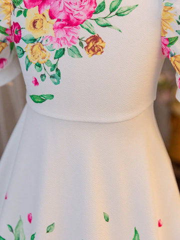 Young Girl Ditsy Floral Round Neck Fitted Casual Knitted Dress