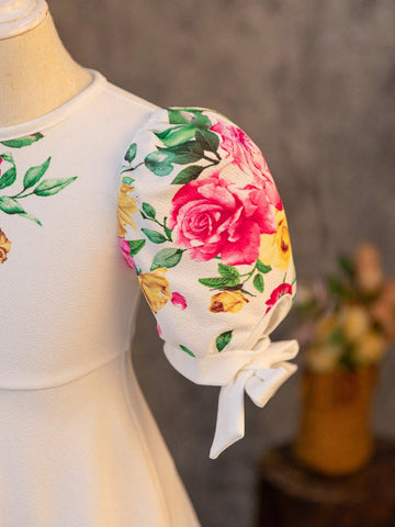 Young Girl Ditsy Floral Round Neck Fitted Casual Knitted Dress