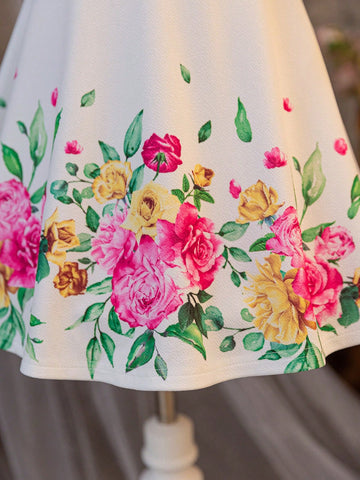 Young Girl Ditsy Floral Round Neck Fitted Casual Knitted Dress