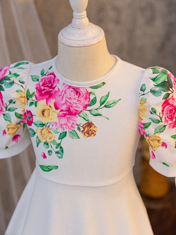 Young Girl Ditsy Floral Round Neck Fitted Casual Knitted Dress