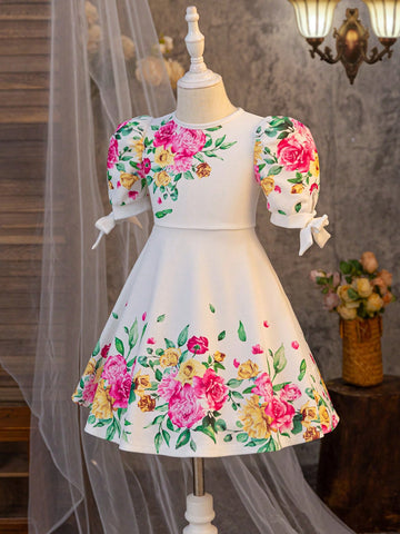 Young Girl Ditsy Floral Round Neck Fitted Casual Knitted Dress