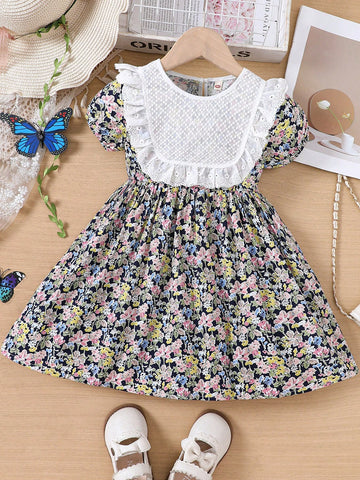 Young Girl Ditsy Floral Round Neck Flared Mini Dress, Spring/Summer