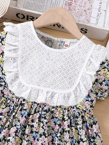 Young Girl Ditsy Floral Round Neck Flared Mini Dress, Spring/Summer