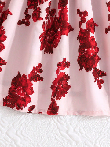 Young Girl Ditsy Floral Ruffle Collar Long Sleeve Thin Valentine's Day Dress