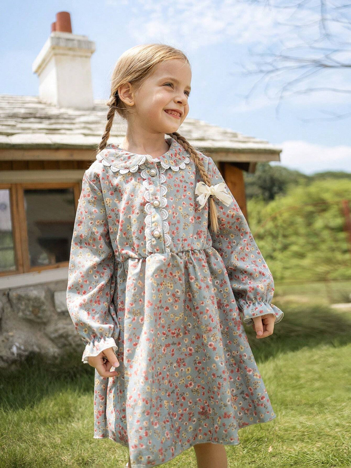 Young Girl Ditsy Floral Smock Dress, Cute Princess Style Spring Autumn Casual Outfits For Young Girl