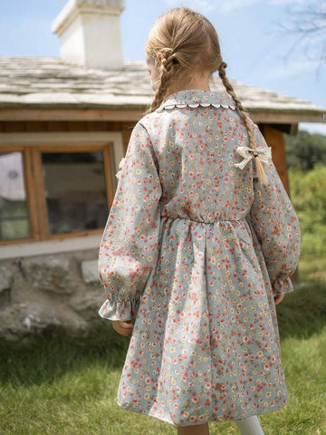 Young Girl Ditsy Floral Smock Dress, Cute Princess Style Spring Autumn Casual Outfits For Young Girl