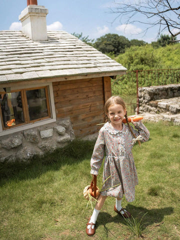 Young Girl Ditsy Floral Smock Dress, Cute Princess Style Spring Autumn Casual Outfits For Young Girl