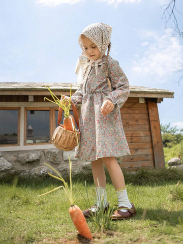 Young Girl Ditsy Floral Smock Dress, Cute Princess Style Spring Autumn Casual Outfits For Young Girl