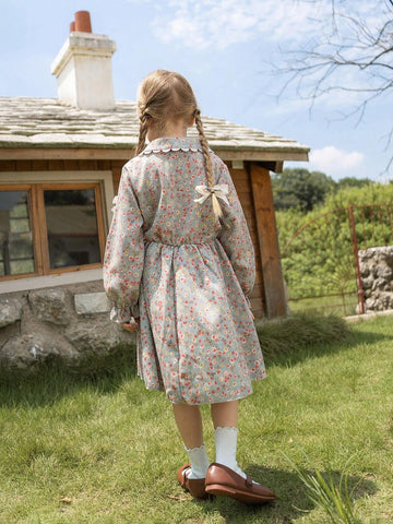 Young Girl Ditsy Floral Smock Dress, Cute Princess Style Spring Autumn Casual Outfits For Young Girl