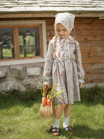 Young Girl Ditsy Floral Smock Dress, Cute Princess Style Spring Autumn Casual Outfits For Young Girl