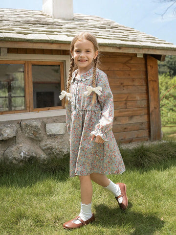 Young Girl Ditsy Floral Smock Dress, Cute Princess Style Spring Autumn Casual Outfits For Young Girl