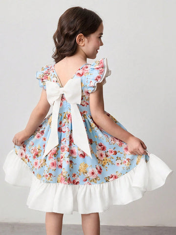 Young Girl Ditsy Floral Square Neck Ruffle Bowknot Casual Dress