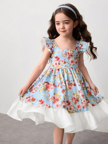 Young Girl Ditsy Floral Square Neck Ruffle Bowknot Casual Dress