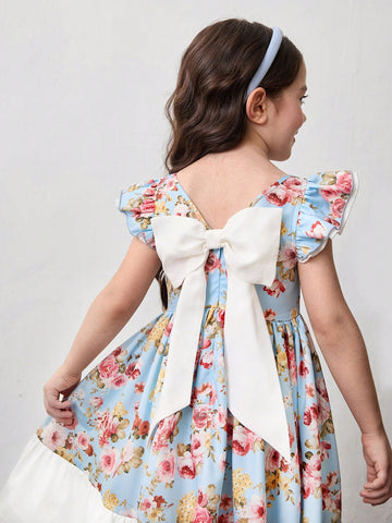 Young Girl Ditsy Floral Square Neck Ruffle Bowknot Casual Dress