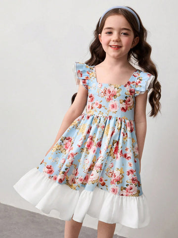 Young Girl Ditsy Floral Square Neck Ruffle Bowknot Casual Dress