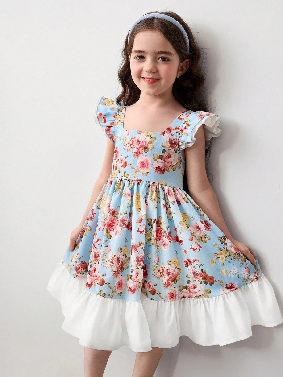 Young Girl Ditsy Floral Square Neck Ruffle Bowknot Casual Dress