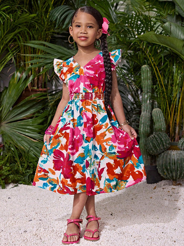 Young Girl Ditsy Floral V-Neck Ruffle Hem A-Line Dress, Fashionable For Daily And Holiday Wear