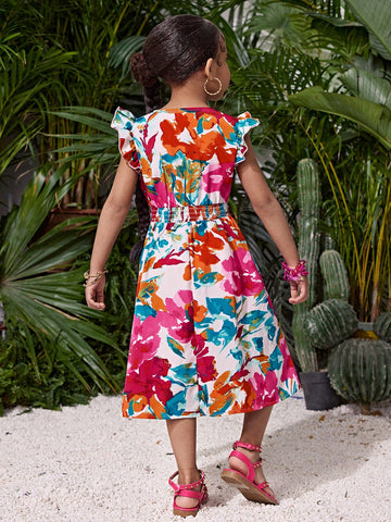 Young Girl Ditsy Floral V-Neck Ruffle Hem A-Line Dress, Fashionable For Daily And Holiday Wear