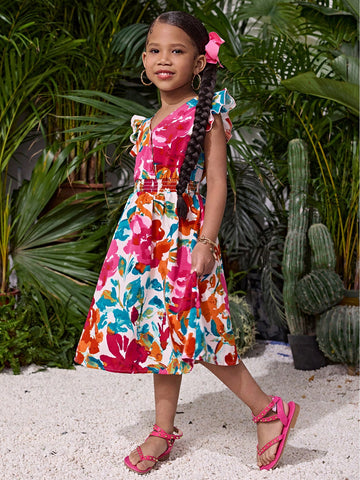 Young Girl Ditsy Floral V-Neck Ruffle Hem A-Line Dress, Fashionable For Daily And Holiday Wear
