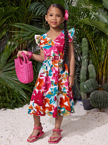 Young Girl Ditsy Floral V-Neck Ruffle Hem A-Line Dress, Fashionable For Daily And Holiday Wear